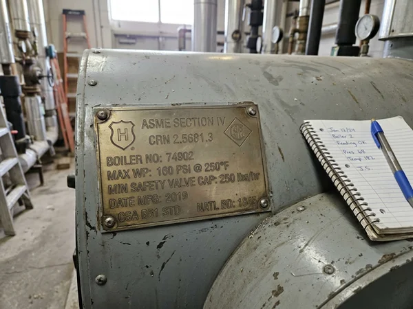 ASME Section IV stamp and CSA B51 data plate on a commercial boiler