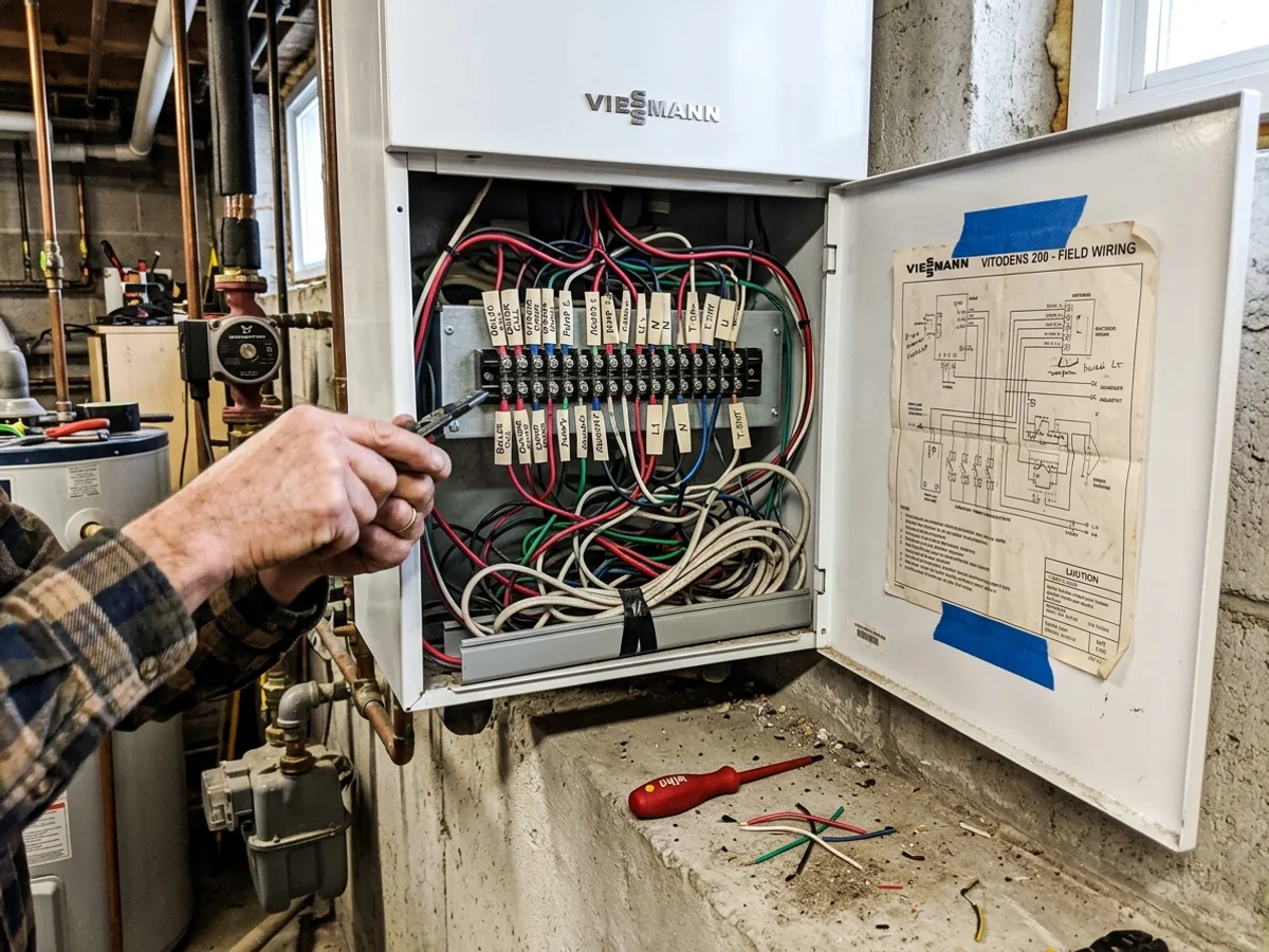 Boiler control panel with a modulating aquastat and outdoor reset module wired with labelled terminals