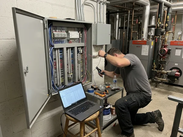 BACnet building automation control panel wired to a commercial boiler cascade