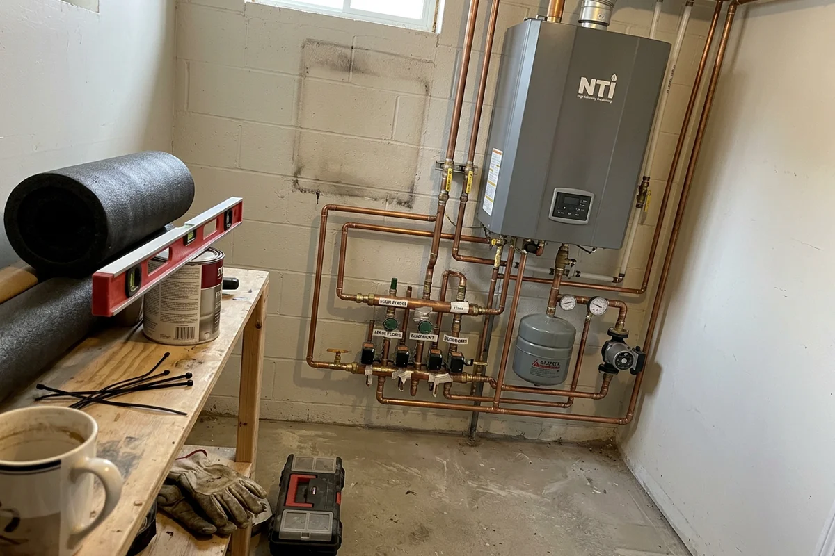 High-efficiency condensing boiler installed in a Toronto mechanical room with copper manifold and pressure gauges