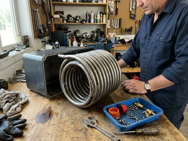 316L stainless condensing heat exchanger on a workbench