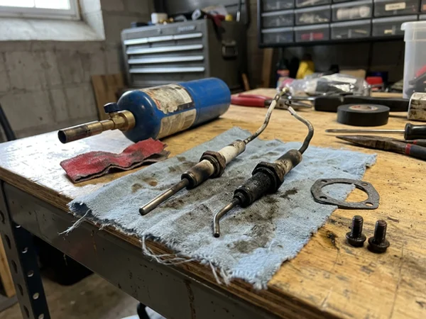 Flame ionisation rod and spark igniter electrode removed for cleaning