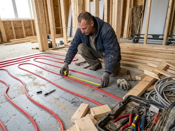 PEX radiant tubing stapled in a serpentine pattern across foam insulation board