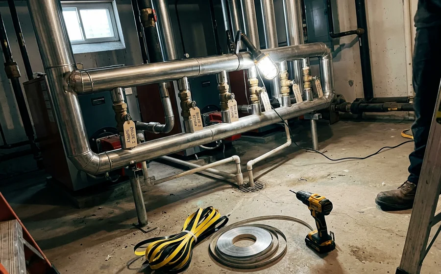 Common venting header connecting multiple commercial condensing boilers in a Toronto basement mechanical room