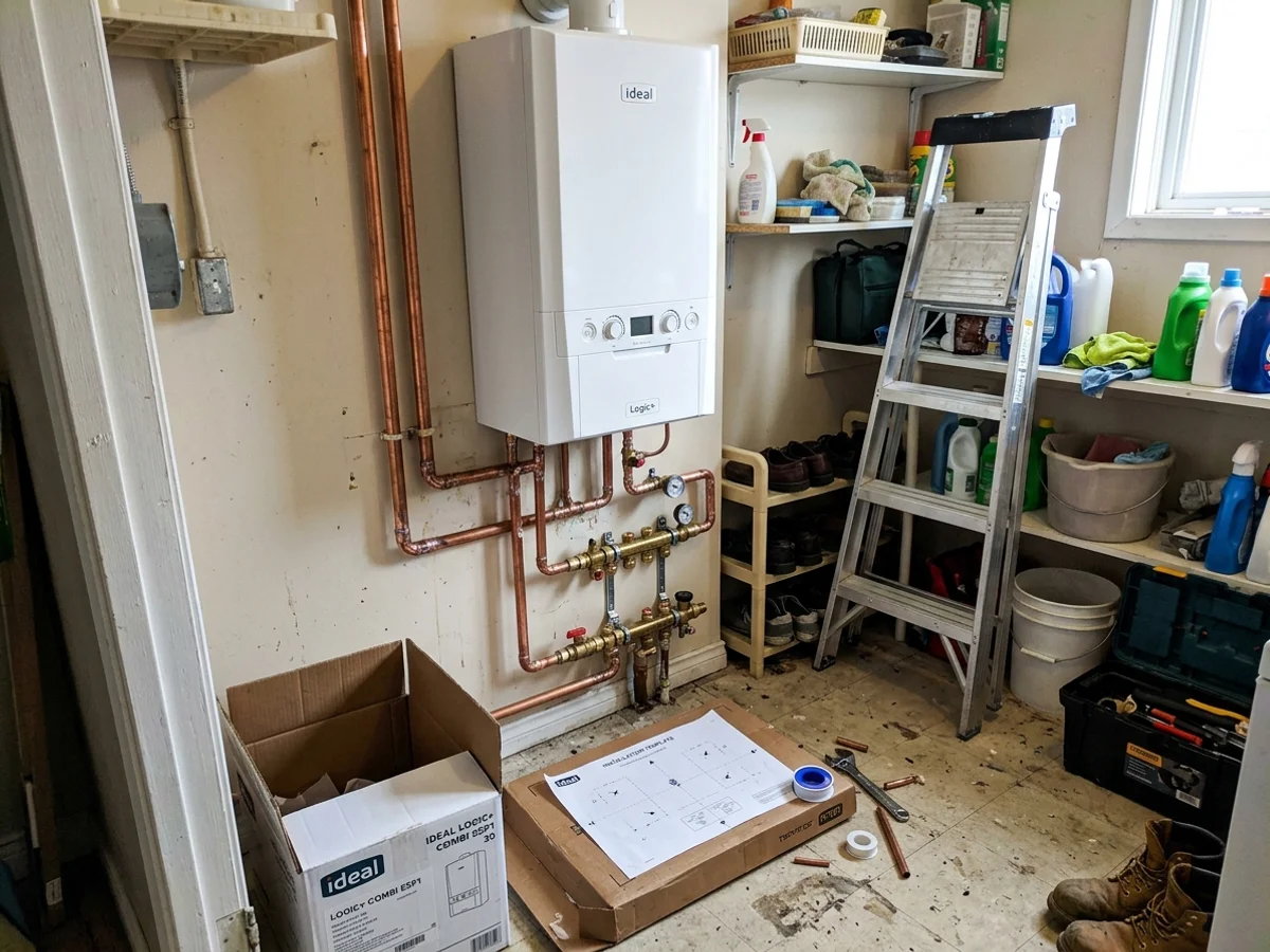 Wall-mounted combi boiler installed in a compact Toronto utility room with isolation valves and domestic hot water piping