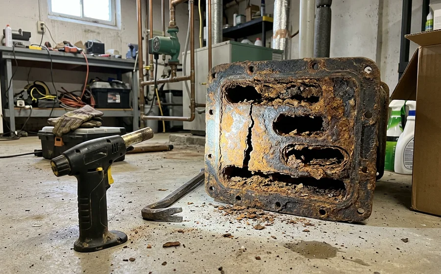 Corroded heat exchanger section pulled from a 30-year-old Toronto cast iron boiler showing rust and a visible crack