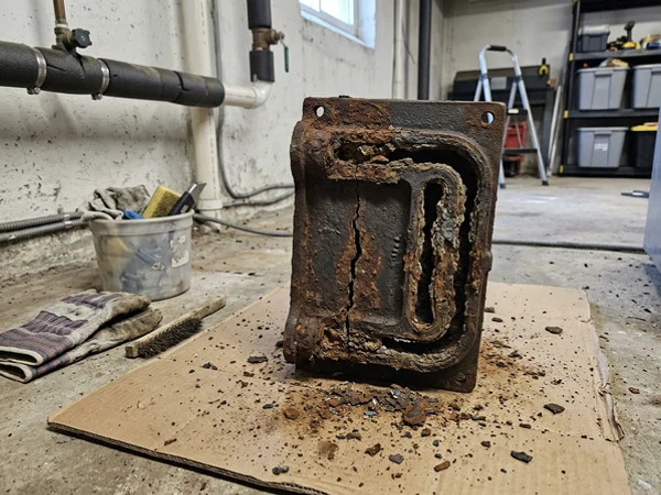 Corroded heat exchanger section pulled from a 30-year-old cast iron boiler