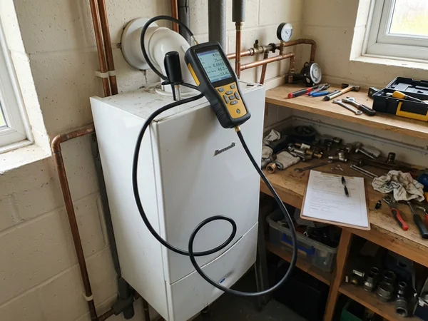 Digital flue gas analyser reading combustion on a commissioned condensing boiler