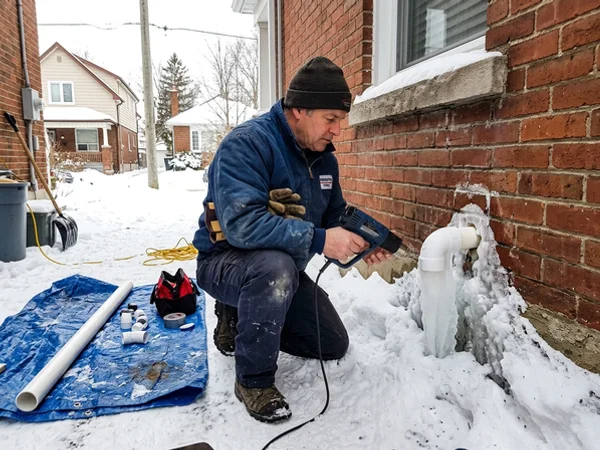 Frozen condensate drain pipe being thawed and re-routed on a Toronto exterior wall