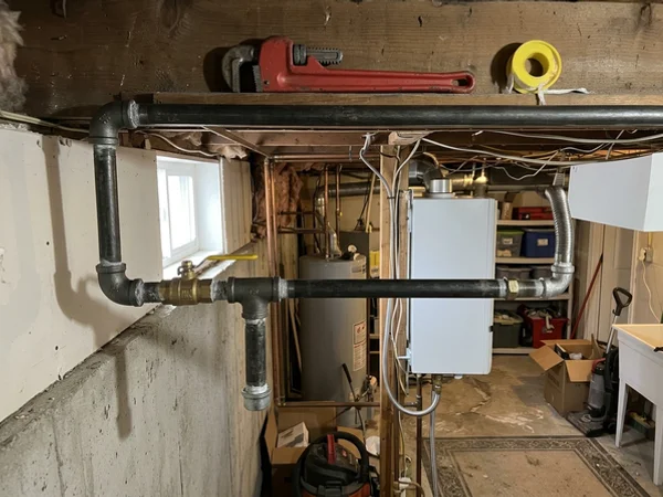 New gas line with isolation valve and sediment trap sized for a replacement boiler