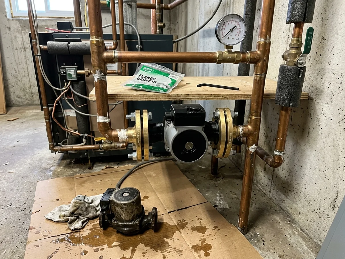 New variable-speed ECM circulator fitted to the return line of a Toronto boiler with isolation flanges
