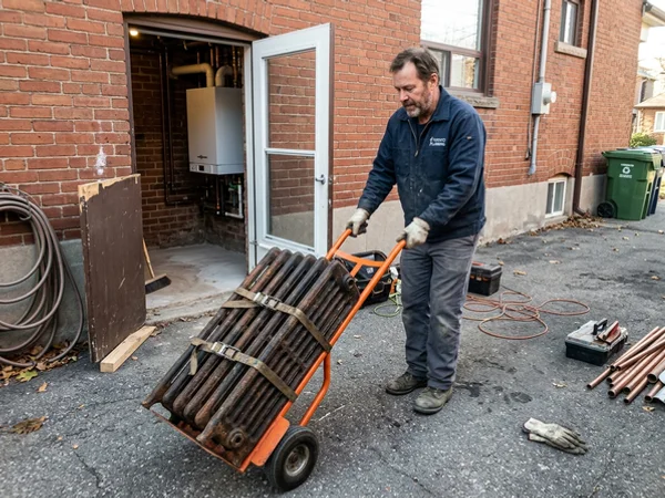 Old boiler sections loaded for scrap recycling outside a Toronto home
