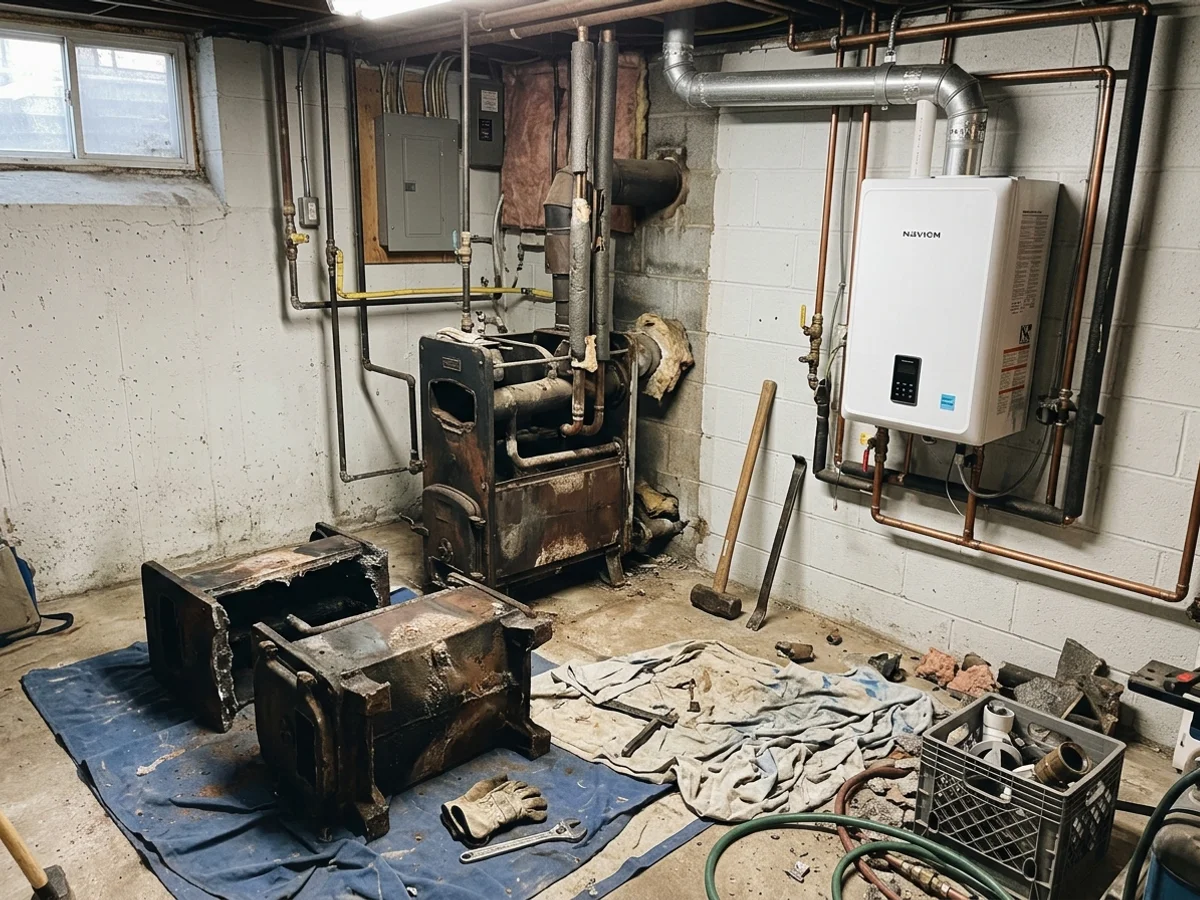 Old cast iron sectional boiler being removed beside a newly installed condensing unit in a Toronto basement