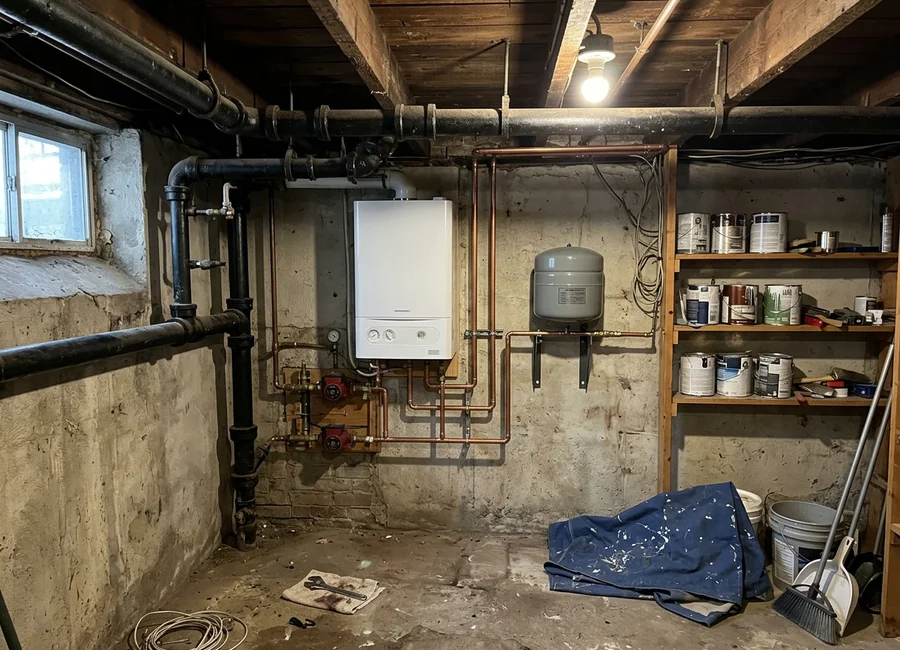 Basement mechanical room with a condensing boiler in a Markham home