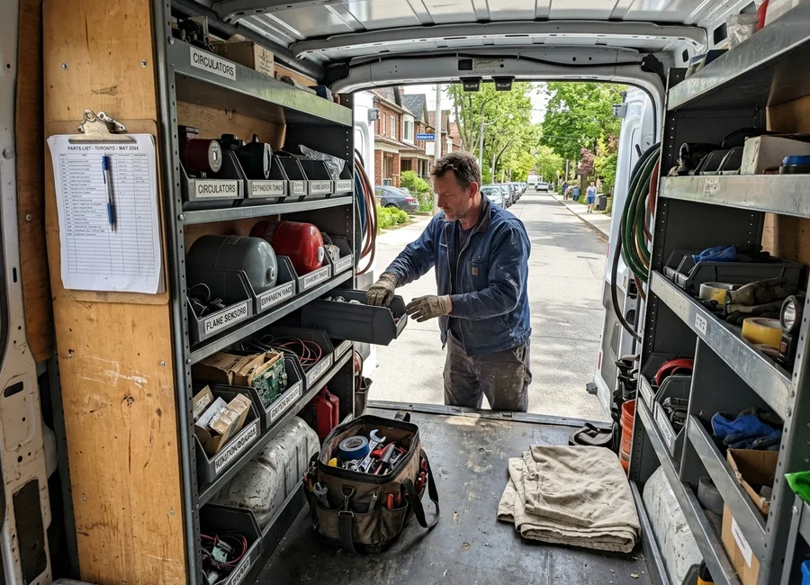 Organised service van interior with labelled shelving of boiler service parts