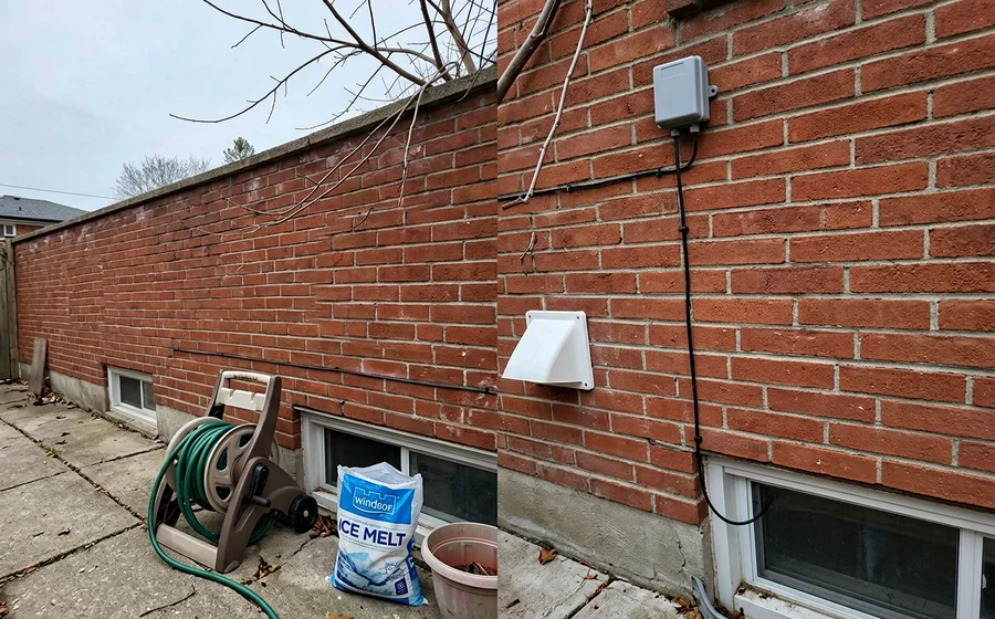 Outdoor reset sensor mounted on a north-facing Toronto exterior wall away from direct sun with the cable run neatly clipped