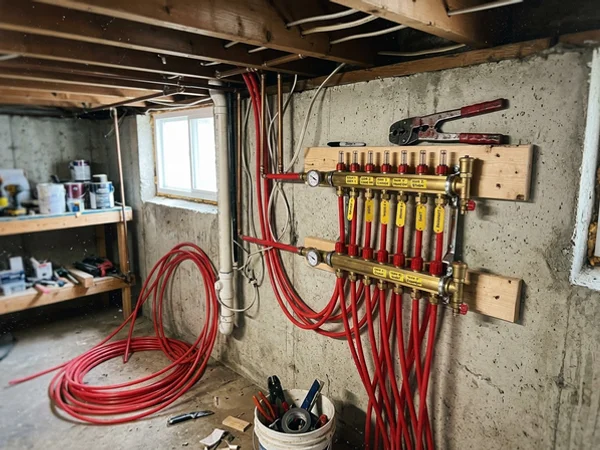 Oxygen-barrier PEX manifold with labelled loops and balancing valves