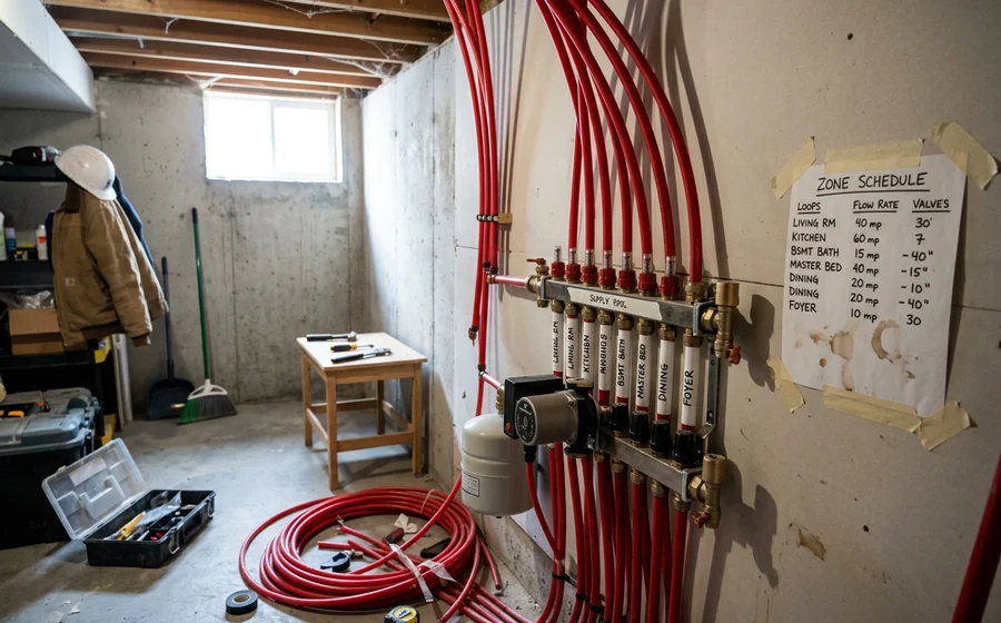 Oxygen-barrier PEX manifold with labelled loops and balancing valves mounted on a basement wall in a Toronto hydronic retrofit