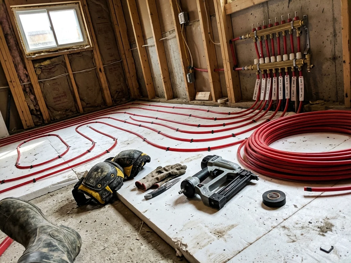 Oxygen-barrier PEX radiant loops laid across a Toronto basement slab before pour, with the manifold on the wall behind