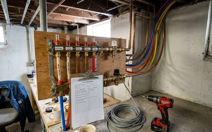 Radiant manifold with four labelled zone loops, flow meters and a thermostatic mixing valve in a Toronto mechanical room