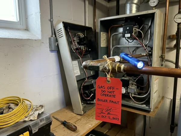 Red tag notice attached to the gas shut-off valve of a Toronto boiler