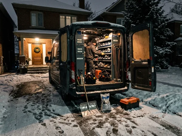 Service van in a snowy Toronto driveway during an after-hours call