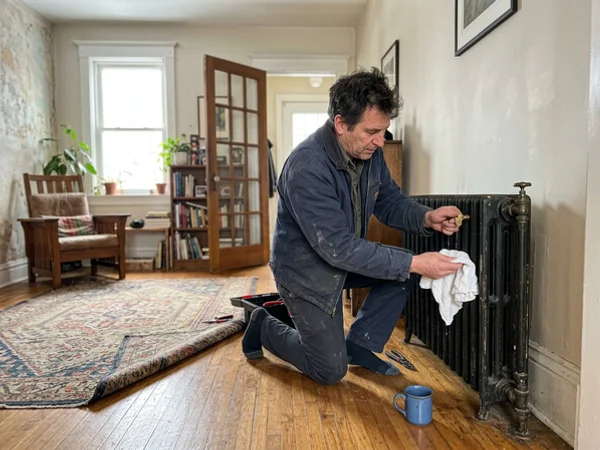 Technician bleeding a cast iron column radiator during a hydronic balance