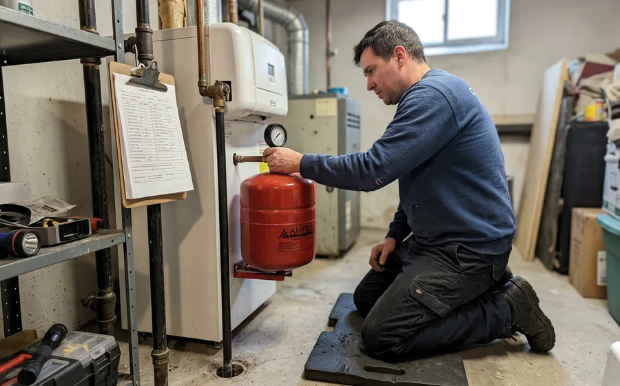 Technician checking expansion tank pre-charge pressure with a gauge on a Toronto boiler system