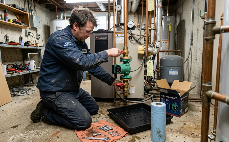 Technician closing isolation flange valves either side of a boiler circulator before removing the pump in a Toronto basement