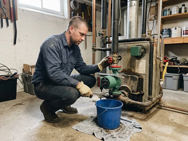 Technician closing isolation flange valves either side of a boiler circulator