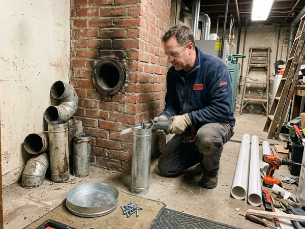 Technician de-commissioning the masonry chimney connector during a boiler replacement