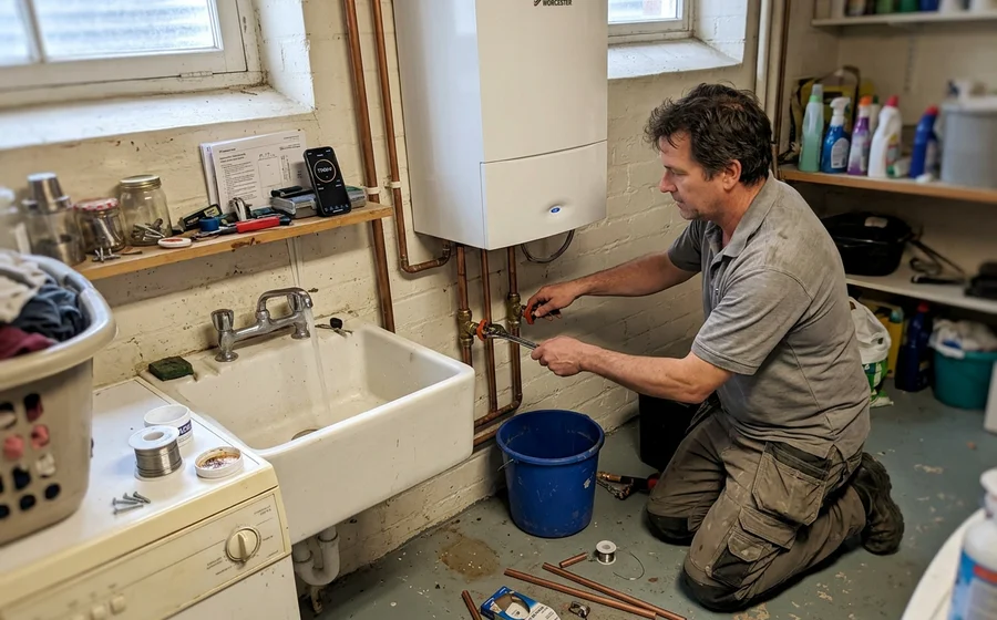 Technician fitting descaling flush isolation valves beneath a wall-mounted combi boiler in a Toronto basement