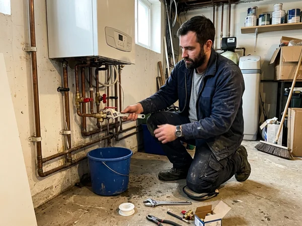Technician fitting descaling flush isolation valves beneath a combi boiler