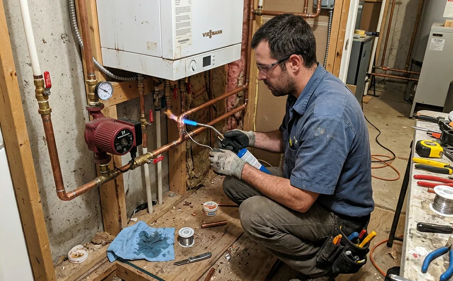 Technician hands soldering copper near-boiler piping with isolation valves during a Toronto condensing boiler installation