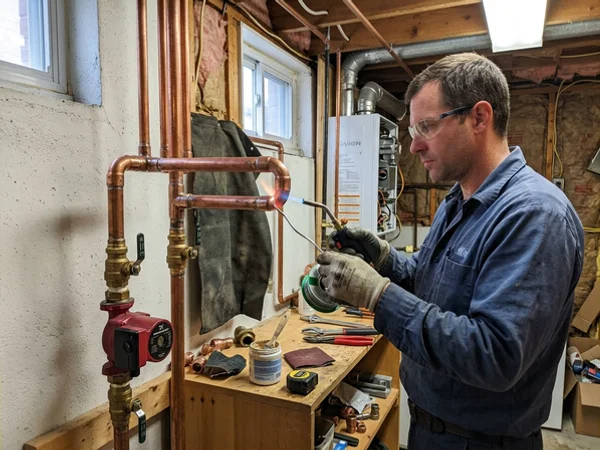 Technician soldering copper near-boiler piping during a condensing boiler installation