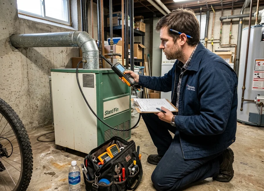 Technician recording combustion readings onto a written service report in a Toronto basement