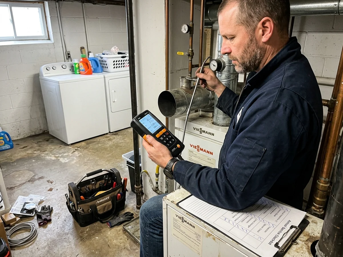 Technician using a digital flue gas analyser during an annual 12-point boiler tune-up in Toronto