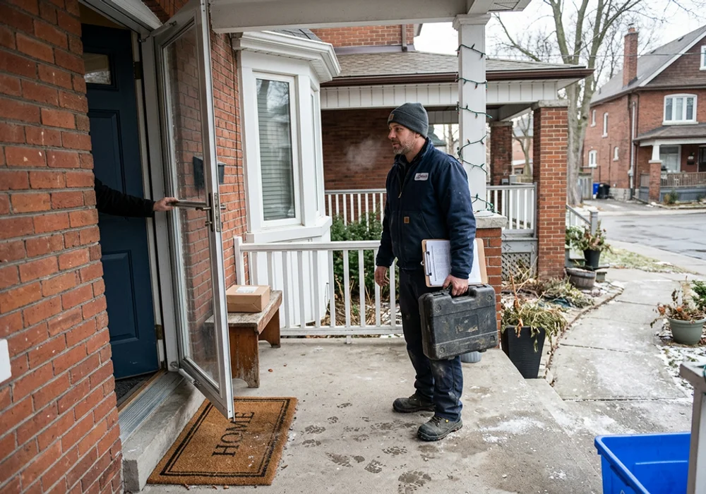 Technician arriving at a Toronto home with a tool case for a booked boiler site assessment