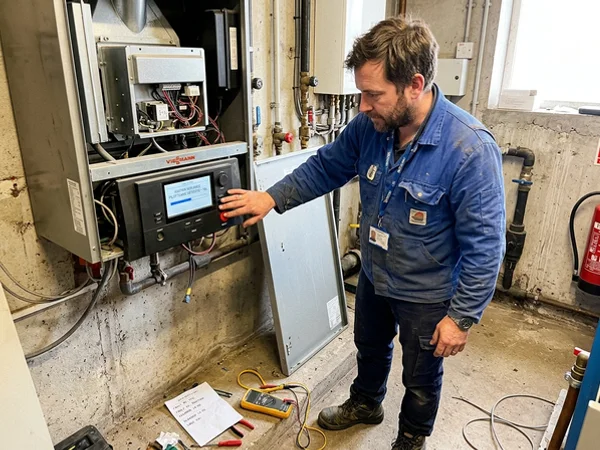 Technician restarting a boiler and watching the ignition sequence after clearing a lockout