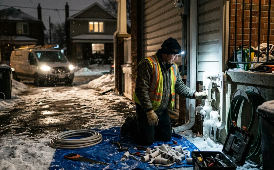 Frozen condensate drain pipe being thawed and re-routed on the exterior wall of a Toronto home during a winter emergency call