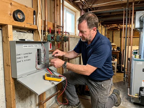 Technician wiring zone valve actuators to a labelled zone control panel