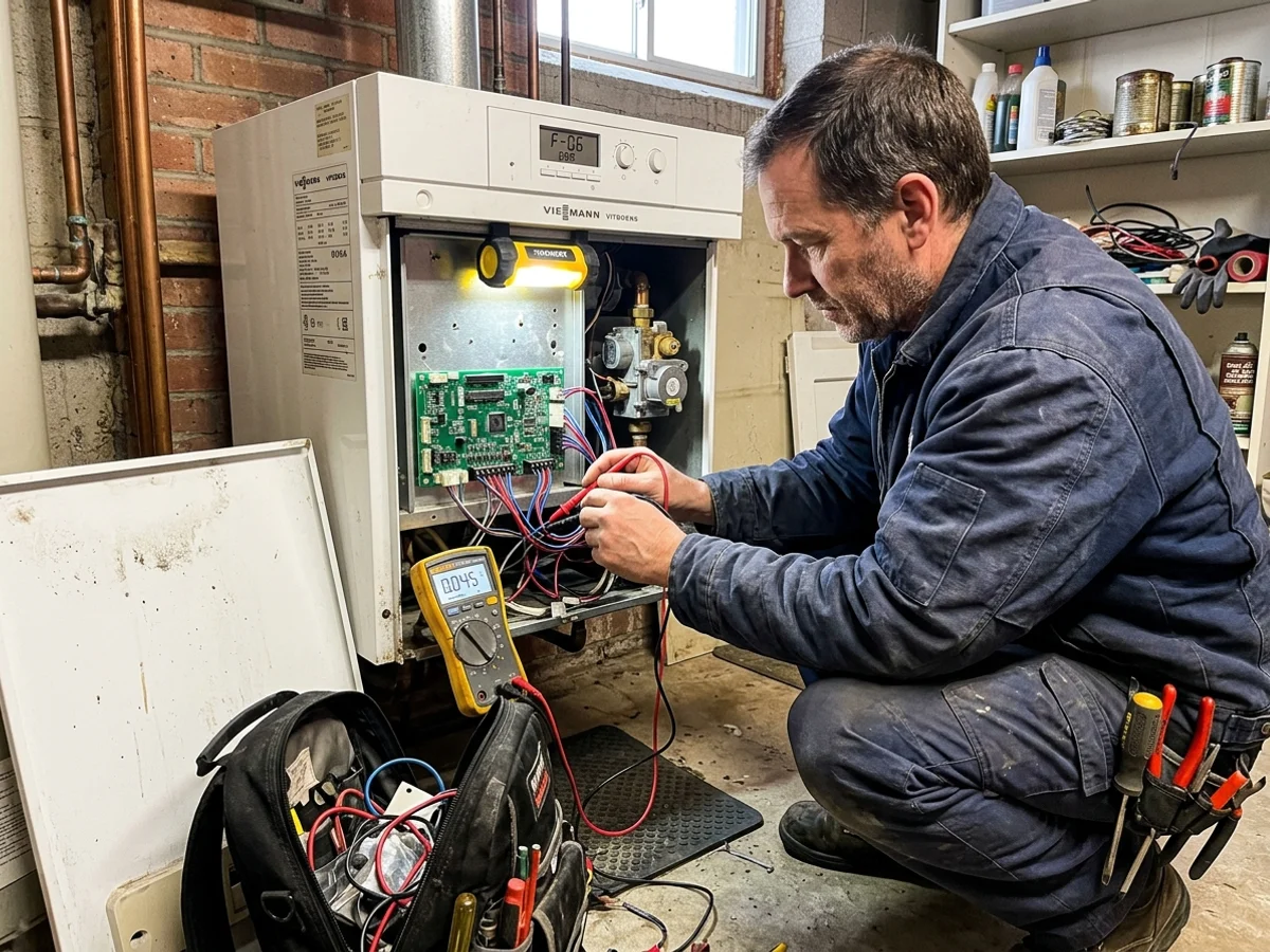 Technician testing an ignition control board inside an opened Toronto boiler casing