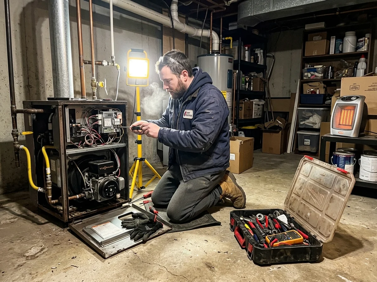Technician diagnosing a failed boiler during an emergency no-heat call in a Toronto basement