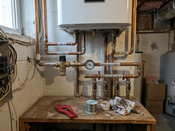 Thermostatic mixing valve and domestic hot water manifold above a combi boiler