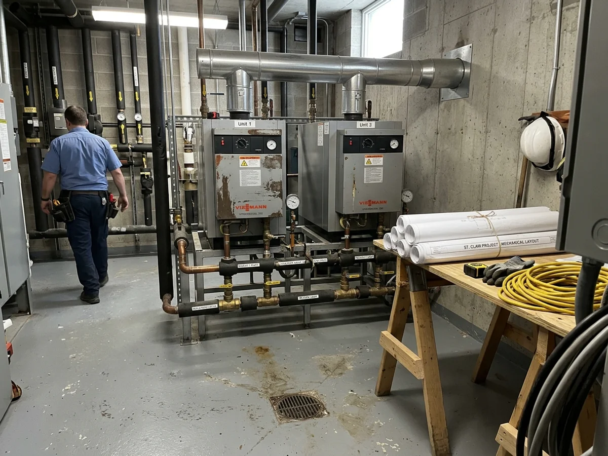 Cascading commercial condensing boilers in a Toronto mid-rise mechanical room with common venting header