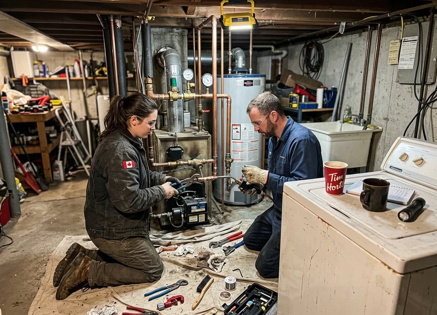 Two licensed technicians working on near-boiler copper piping in a Toronto basement