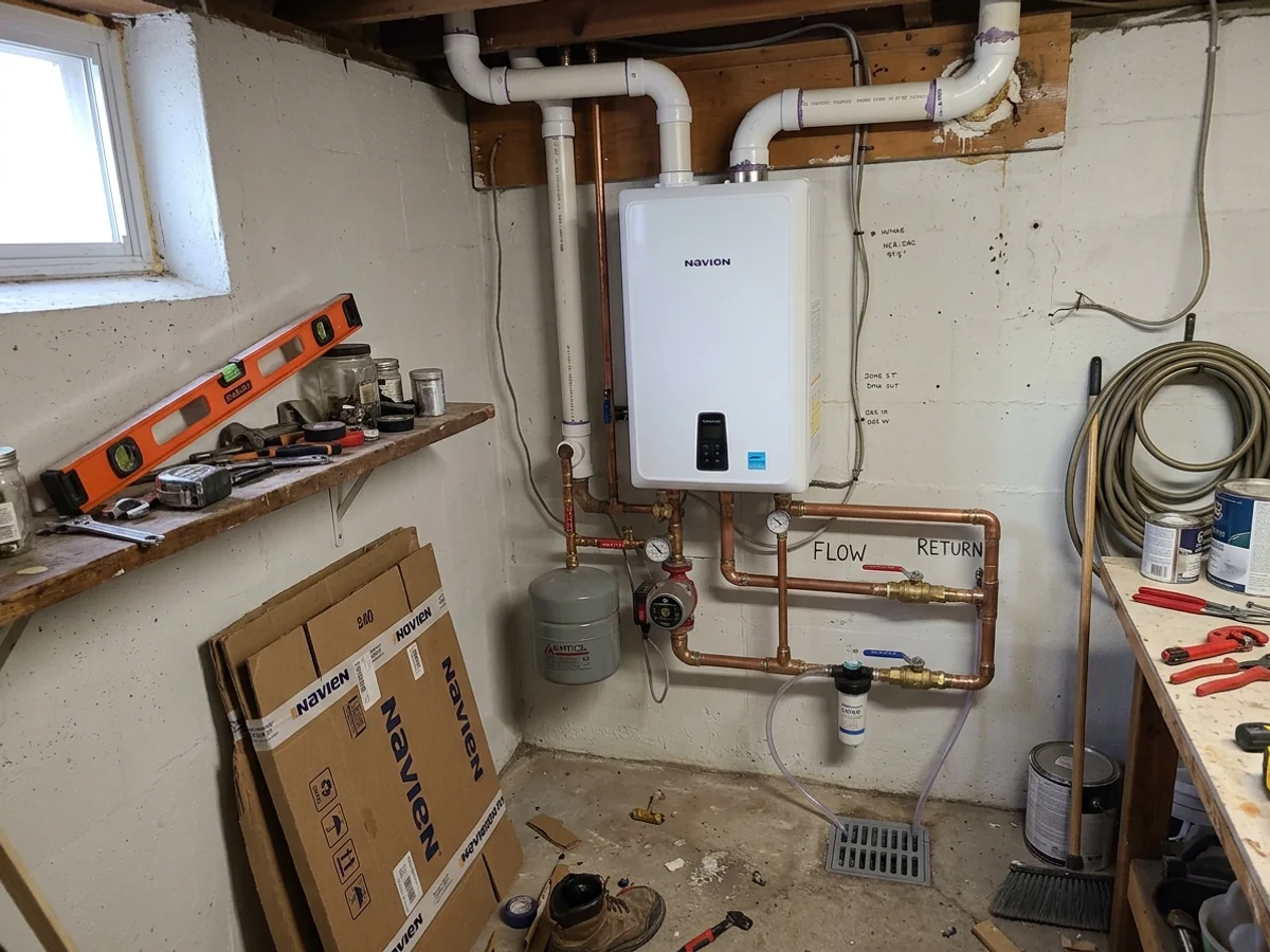 Wall-mounted 95%+ AFUE condensing boiler installed in a Toronto basement with copper near-boiler piping and PVC flue