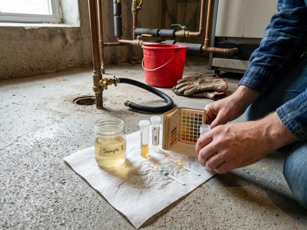 Water pH and glycol concentration test strips beside a hydronic system sample