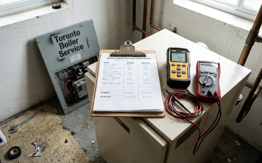 Written repair-versus-replace comparison sheet on a clipboard resting on a Toronto boiler casing beside a flue gas analyser