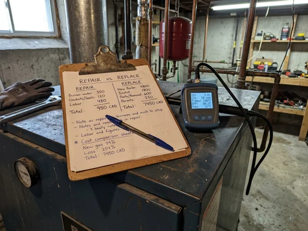 Written repair-versus-replace comparison sheet resting on a boiler casing